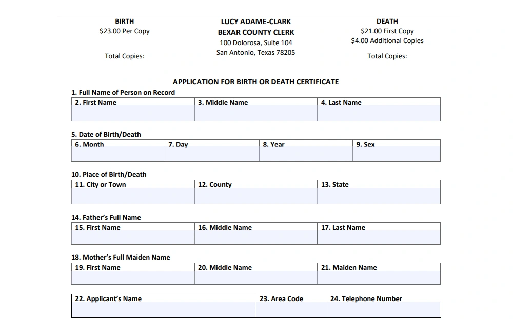 A screenshot of the Application for Birth or Death Certificate form that must be completed and submitted to the respective authority when requesting a copy of birth or death documents.