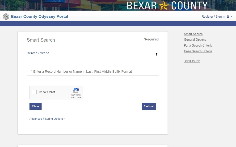 A screenshot of the Smart Search tool in the Bexar County Odyssey Portal that can be searched by providing the record number or name in the order of last name, first name, middle name, and then suffix if it is available.