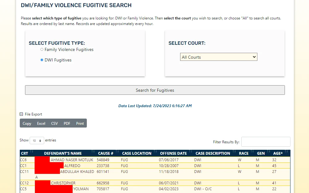 A screenshot of the DWI/Family Violence Fugitive Search tool that can be searched by first selecting the fugitive type and then the type of courts, which will show results providing the name of the defendant, cause #, case location, offense date case description, race, gender, and age.