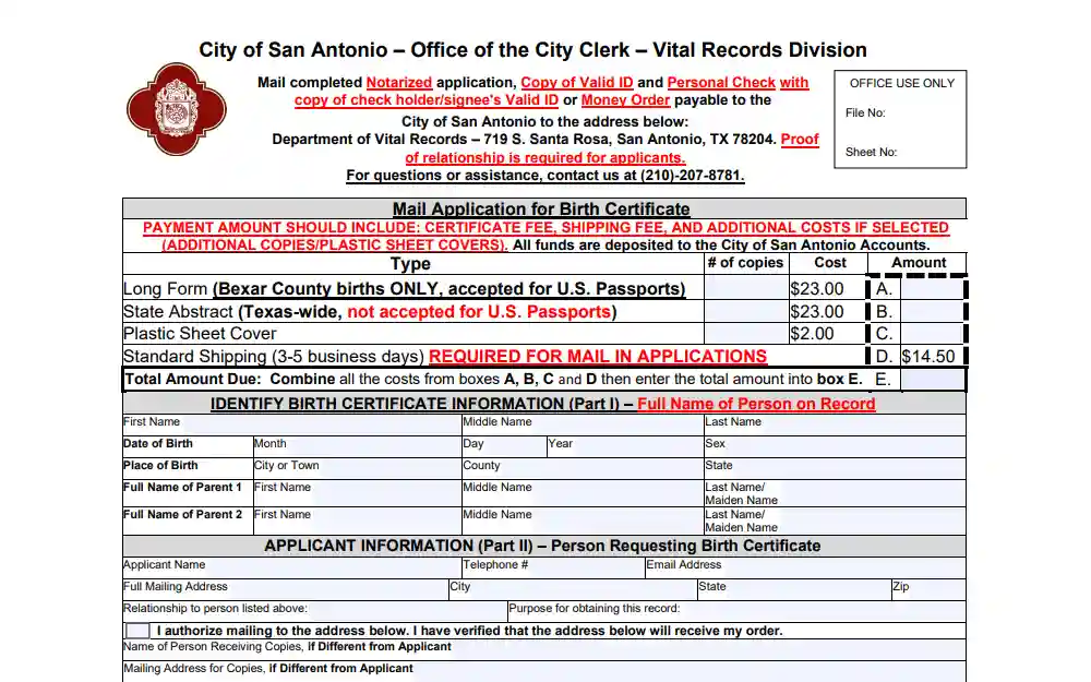 A screenshot of the Mail Application for Birth Certificate form must be filled out, notarized, and then submitted if one requests a copy of birth documents.