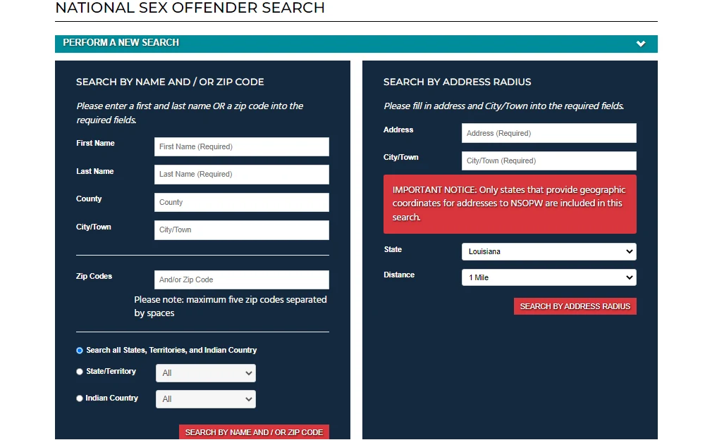A screenshot of the National Sex Offender Search tool where one can find the information of a sex offender by providing the name, zip code, or by address radius and other details. 