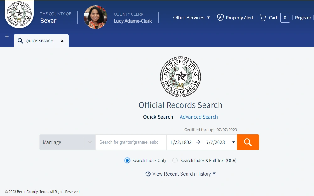 A screenshot of the Official Records Search tool of Bexar County that is used to search for different types of documentation searchable by providing the name of the grantee/grantor, doc. #, doc type, subdivision, date range, or other details.