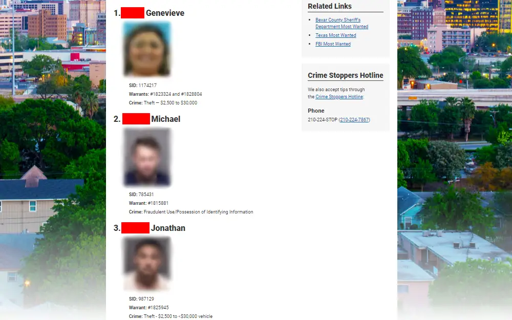A screenshot showing the list of the top ten offenders most wanted by the San Antonio Police Department with their names, mugshots, SID numbers, warrant numbers, as well as the type of crime they did.