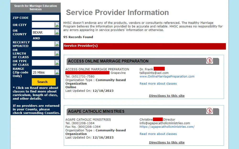 Screenshot of the search results for marriage course service provider displaying the organization name and type, name of head, link to respective websites, and contact information.