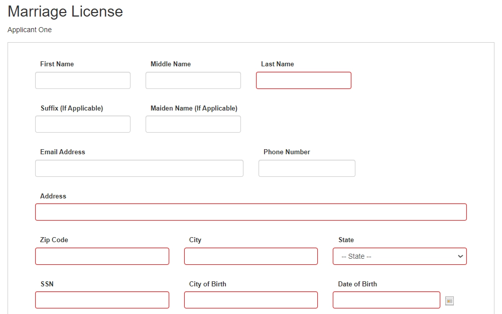 Screenshot of the online form for marriage license request, showing fields for applicant name, contact information, address, social security number, and birth details.