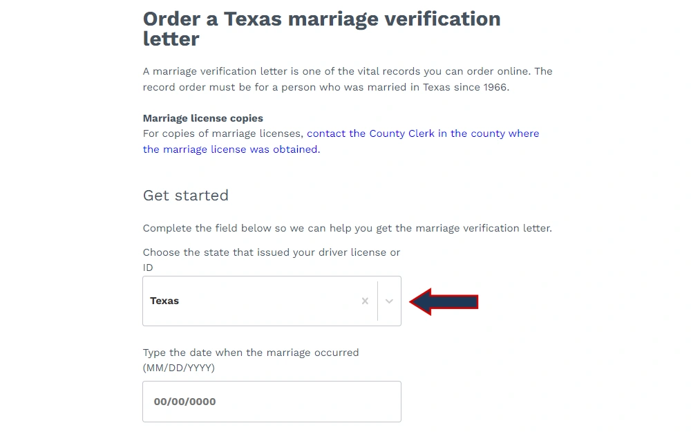 Screenshot of the online order form for a marriage verification letter with drop down menus for state and date.