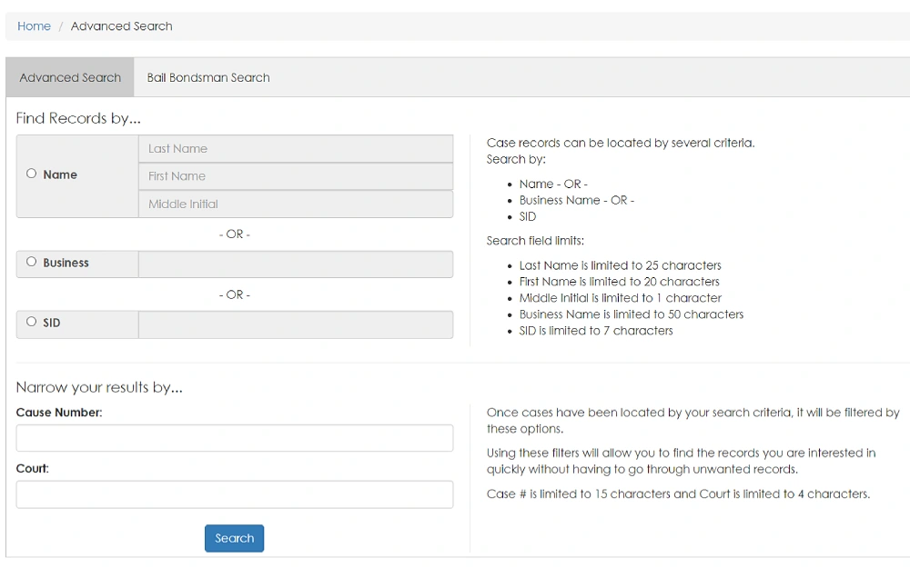 A screenshot showing an advanced search tool for court records by criteria such as last and first name, middle initial, business name or SID; results can be narrowed by cause number and court.