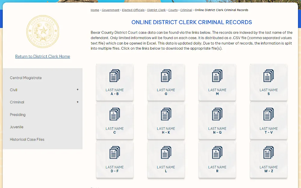 A screenshot showing an online district clerk criminal records case data link indexed by the defendant's last name; limited information can be downloaded as a file through the links.