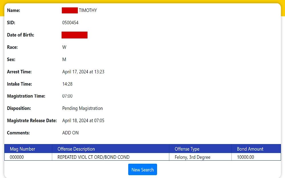 A screenshot displaying an individual's central magistrate search details page from the Bexar County Central Magistrate Office website shows information such as name, SID, date of birth, race, sex, arrest, intake and magistrate time, disposition and magistrate release date and time.