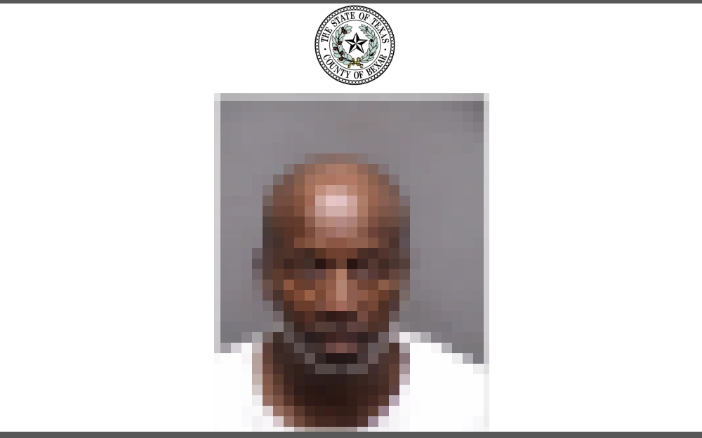 A screenshot from a press release by the Bexar County Public Information Office displays the second page of the document, which includes the county logo followed by an offender's mugshot.