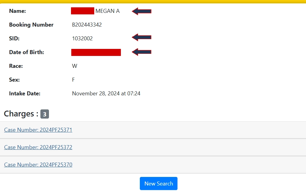 A screenshot from the Bexar County Central Magistrate arrest database displays an arrestee's details, including their name, booking number, SID, birth date, race, sex, intake date, and case numbers.