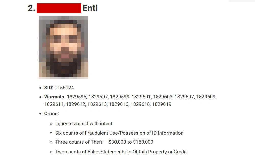 A screenshot from the San Antonio Police Department's top ten most wanted individuals shows an outlaw's name, mugshot, SID, warrants, and committed crimes.