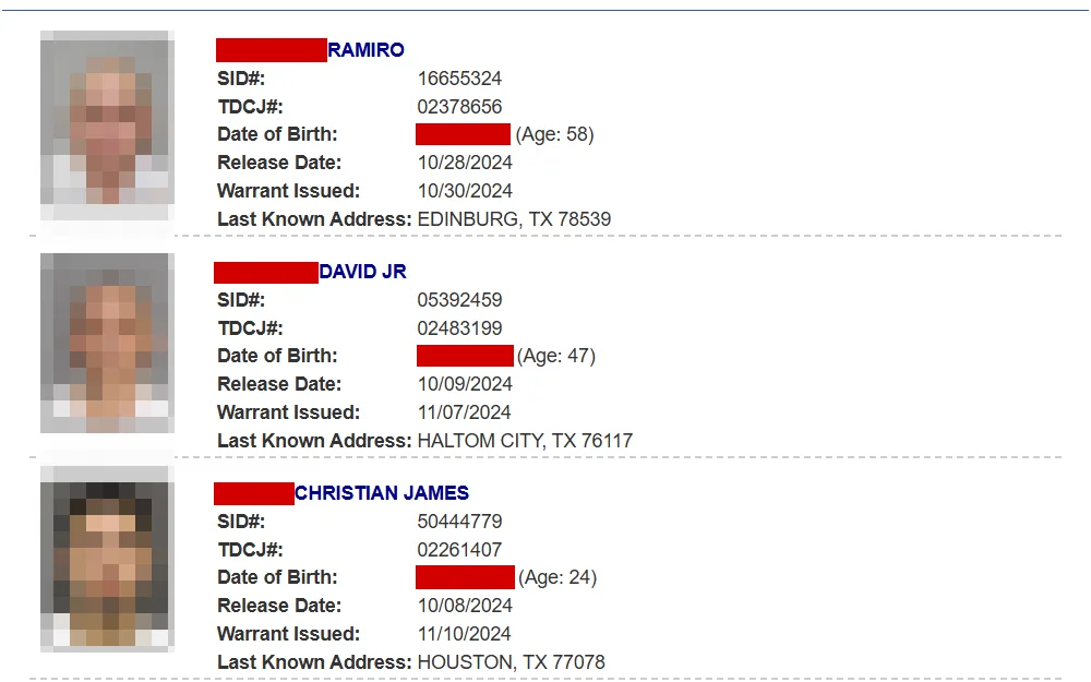 A screenshot taken from the Texas Department of Criminal Justice's Sex Offender Absconder Search displays information about three absconders, including their name, SID number, TDCJ number, birth date, release date, warrant issuance date, last known address, and mugshot.